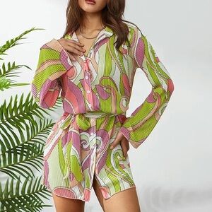 Colorful Retro Pleated Abstract Tie Waist Mini Dress D20